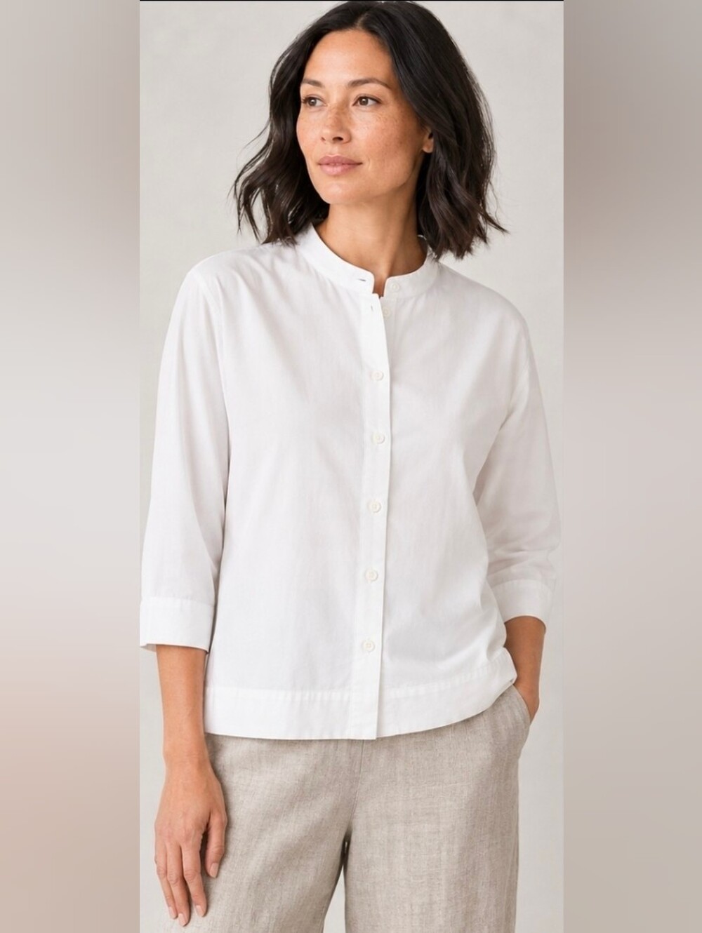Eileen Fisher White Cotton Banded Collar 3/4 Sleeve Shirt Sz Large Minimalist